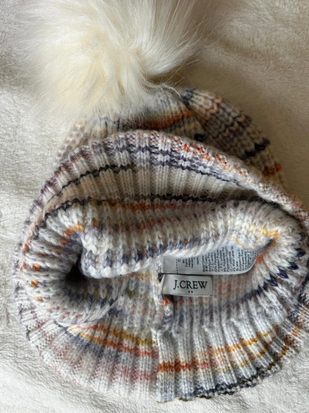 J. Crew Kids Cream Multicolor Striped Pom Beanie